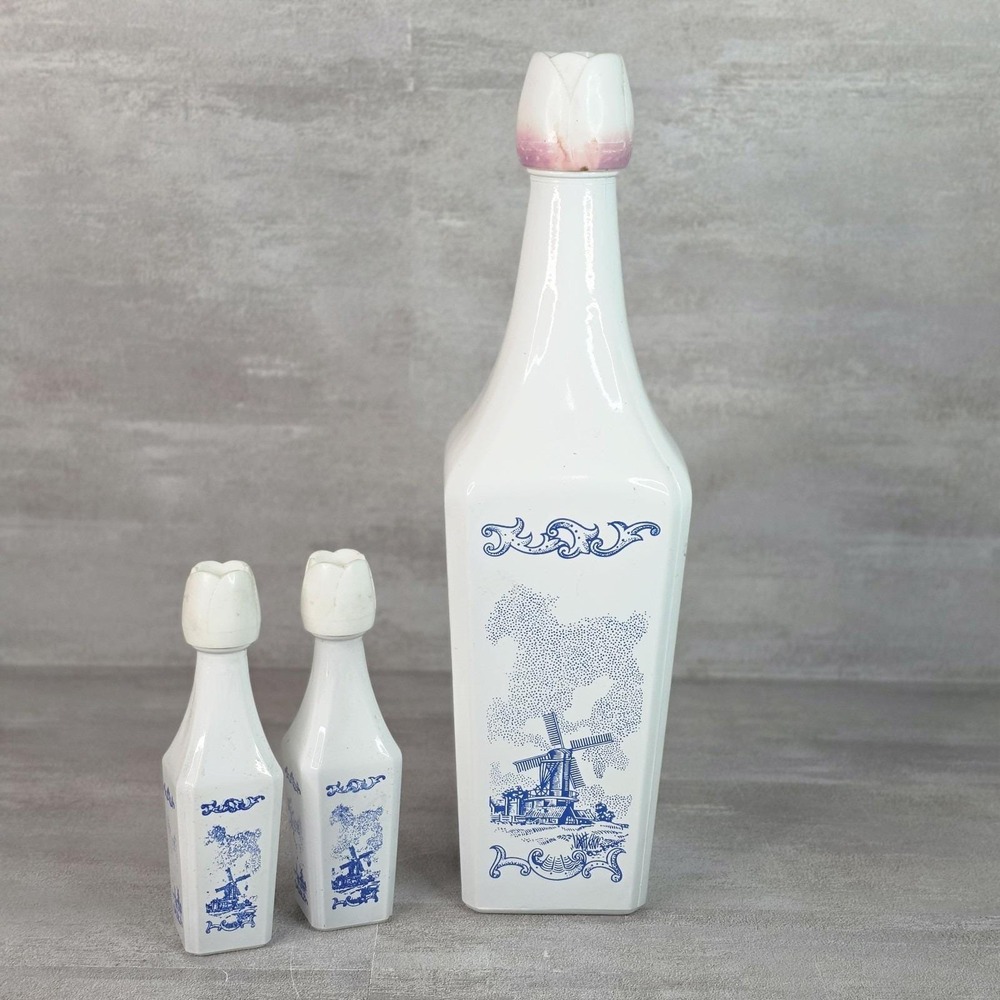 (3) Delft Blue Holland Windmill Liquor Decanter Collectible Barware Tulip Vtg